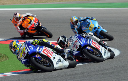 Rossi, Lorenzo, Capirossi and Dovizioso. Four blokes you don't want chasing you on a racetrack. Pedrosa (out of shot) is scared...or should be.