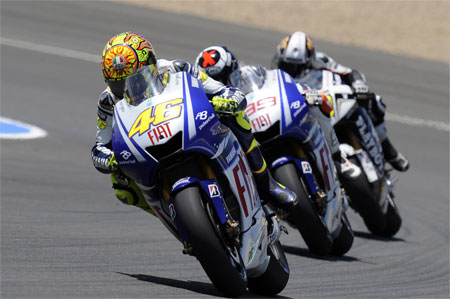 Three laps in and Rossi leads Lorenzo leads de Puniet. It didn't stay this close, sadly, but was a good race none the less...