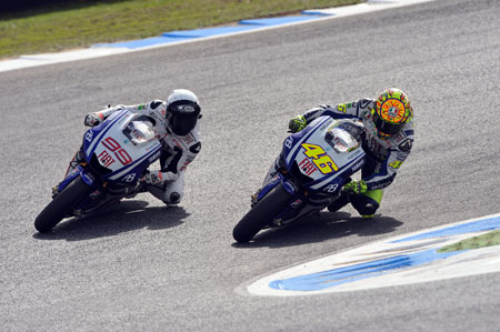 Clean as you like, and with no sign of the Japan naughtiness, Valentino Rossi slips past Lorenzo to take the lead (Pic: Yamaha)