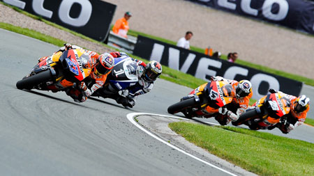 This could have been any corner, almost any lap, almost any order. Stoner leads Lorenzo, Dovizioso and Pedrosa. (Pic: MotoGP)