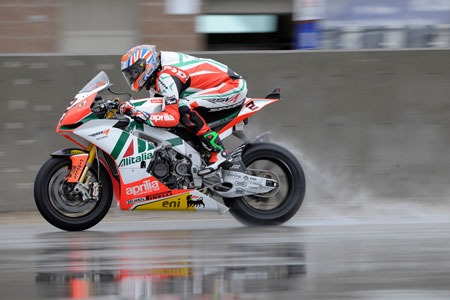 Leon Camier. It's a cliche that English riders are good in the rain. But it seems to be a true one... (Pic: Aprilia)