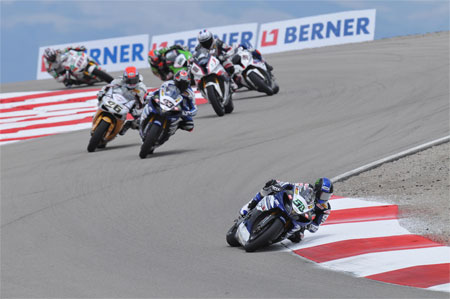 Laverty leads Melandri, Smrz, Badovini, Haslam, Sykes and Xaus through Attitude. The corner, not the attribute. (Pic: Yamaha)