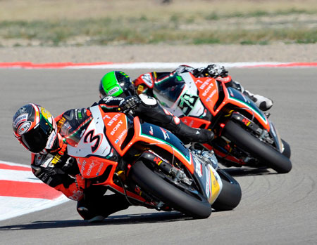 Both Aprilias running together for the first time in a while. Wonder if Laverty's bike will suddenly become unreliable? (Pic: Aprilia)